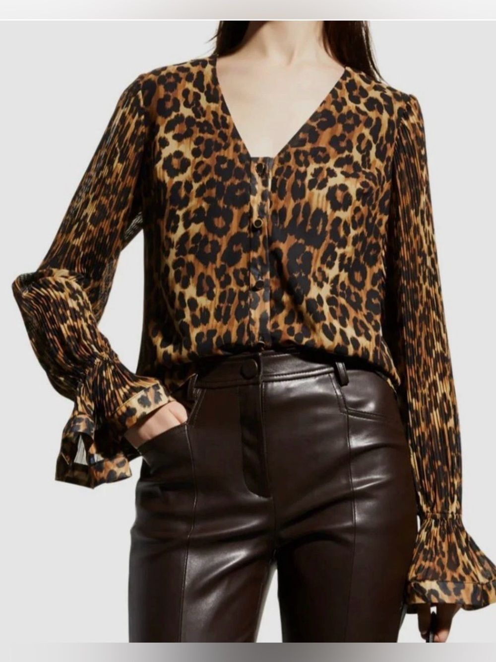 Milly Greer Leopard Long Sleeve V-Neck Blouse size Large